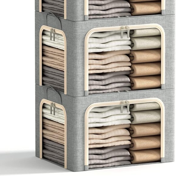 3 Openings Clothes Storage Bins with Metal Frame Foldable Storage Bin for Clothe - Picture 1 of 6
